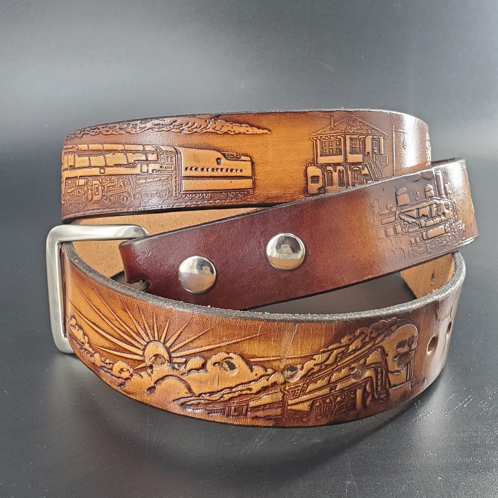 NWT Genuine Leather XXXL Belt, Brown Railroad Train Themed